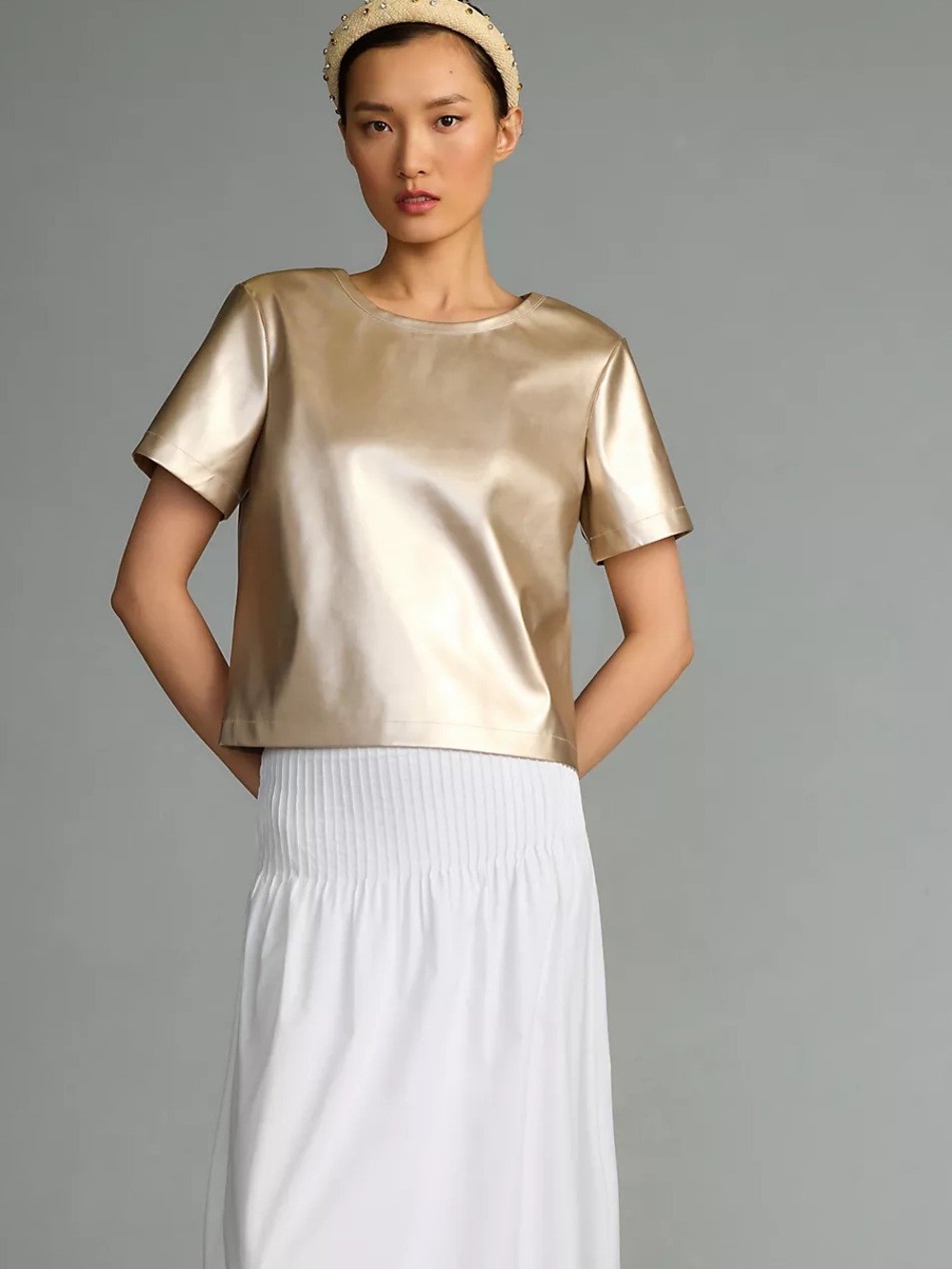 Anthropologie Porridge Collin Faux-Leather Short-Sleeve Luxury Classy Top